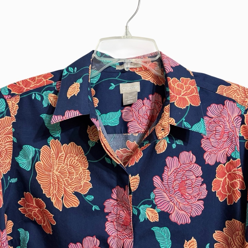 Chico's No Iron Floral Crisp Cotton Button Up Shirt L Petite Blue Bold Colorful - Picture 2 of 7